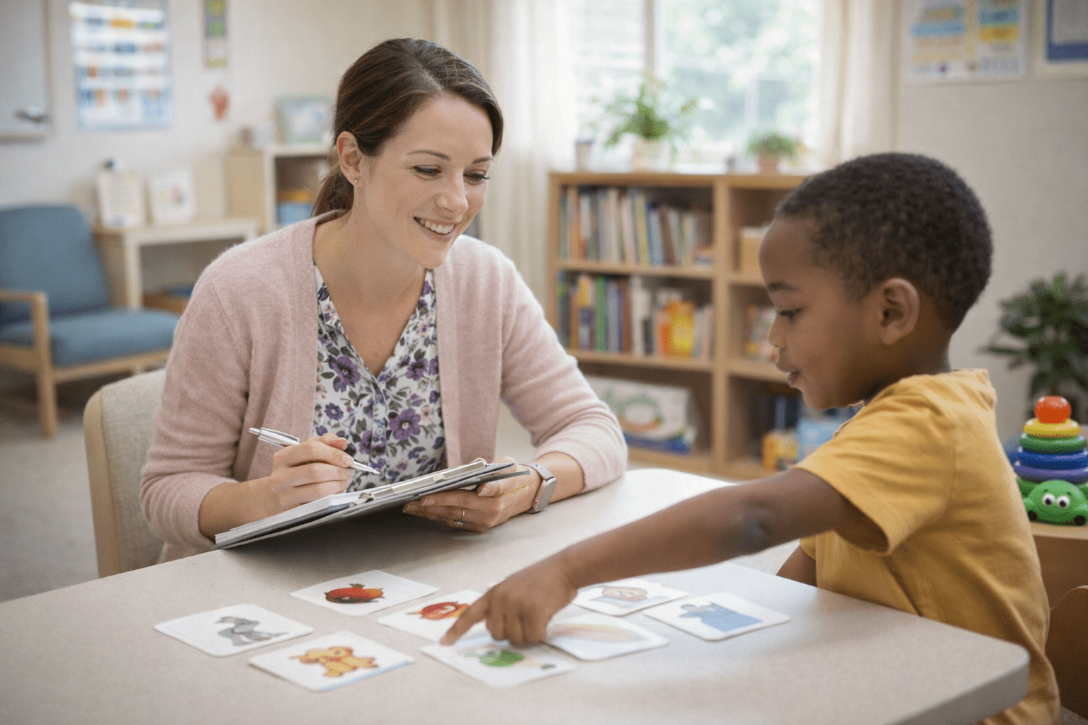 Speech-language pathology clinical session with a child using picture-based therapy materials.