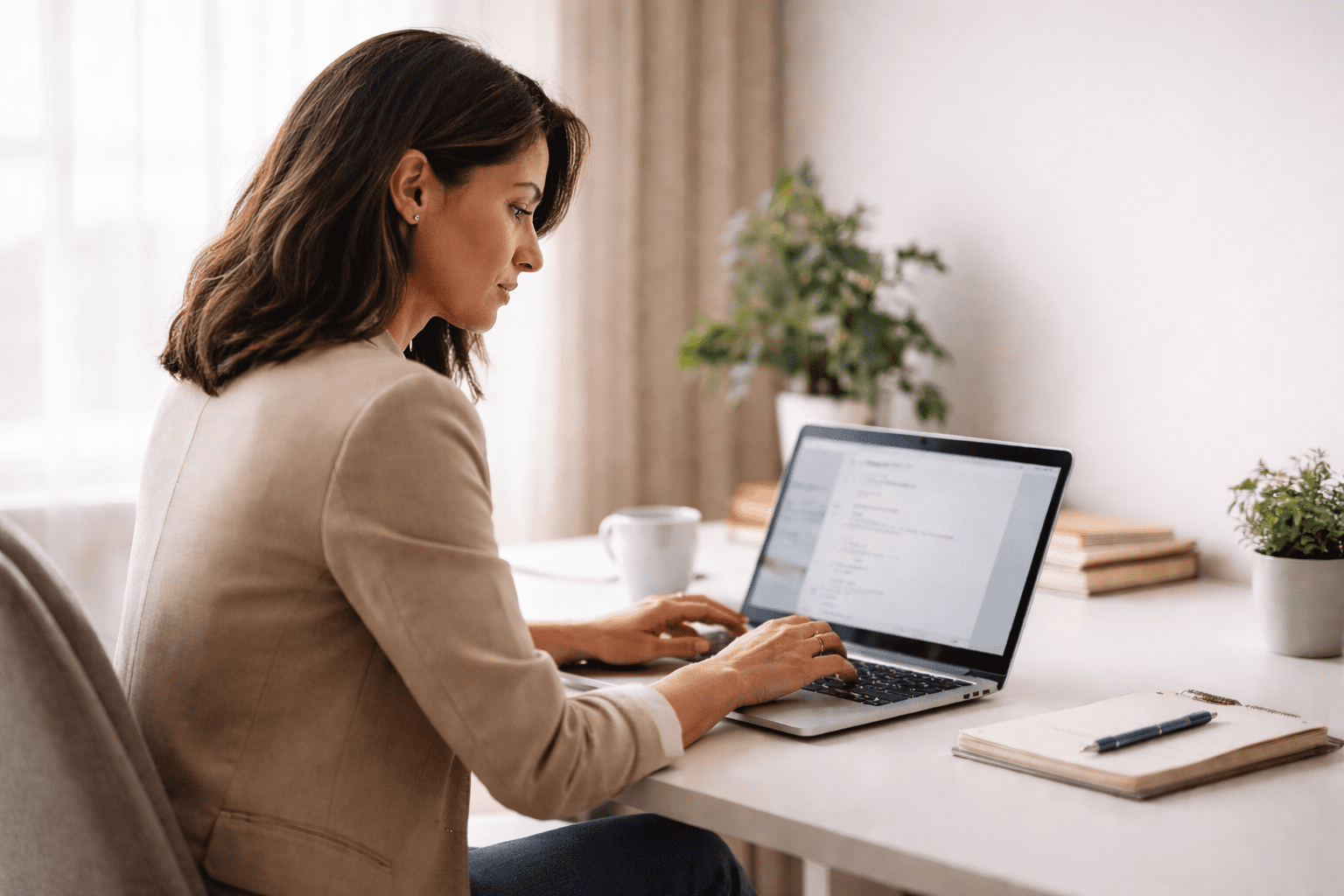 Speech therapist using a laptop to compose a professional email in a modern workspace, reflecting professional identity and clear communication.