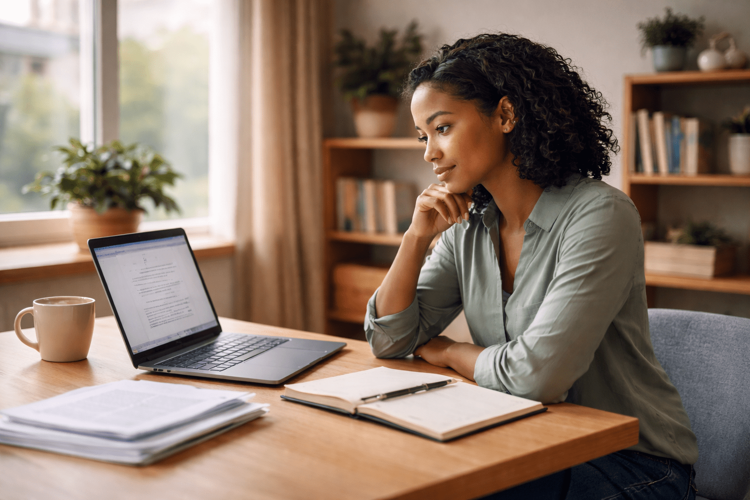 Speech therapist working at a desk on a laptop in a calm workspace, preparing for a next professional step.
