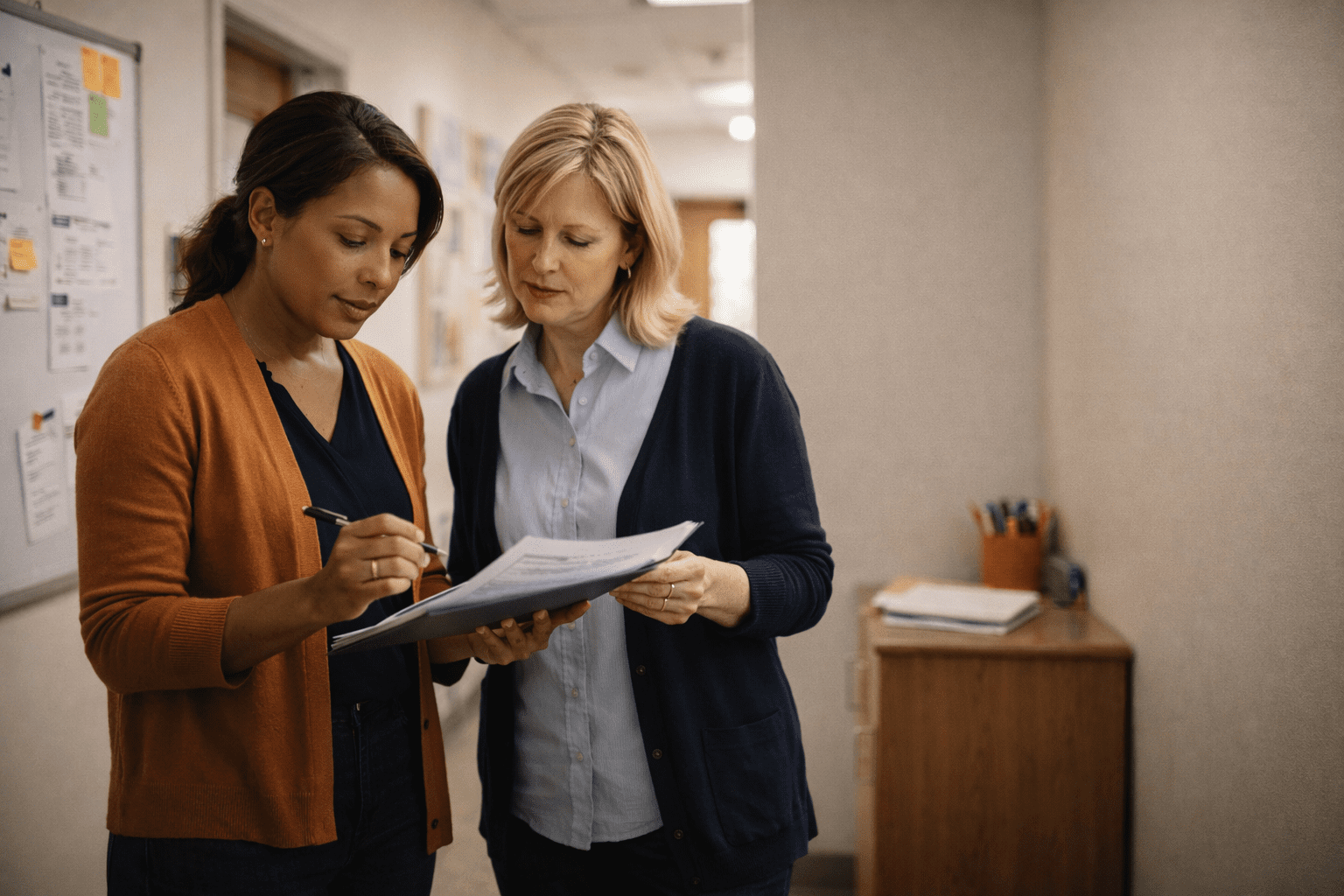 Two speech-language professionals reviewing documentation together in a clinical setting.