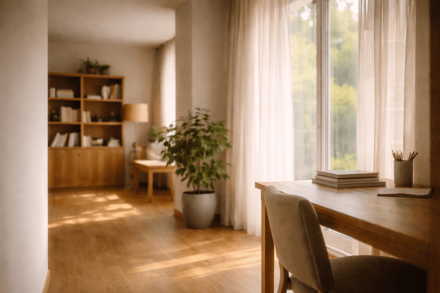 Sunlit workspace with natural light, representing long-term focus and steady progress.