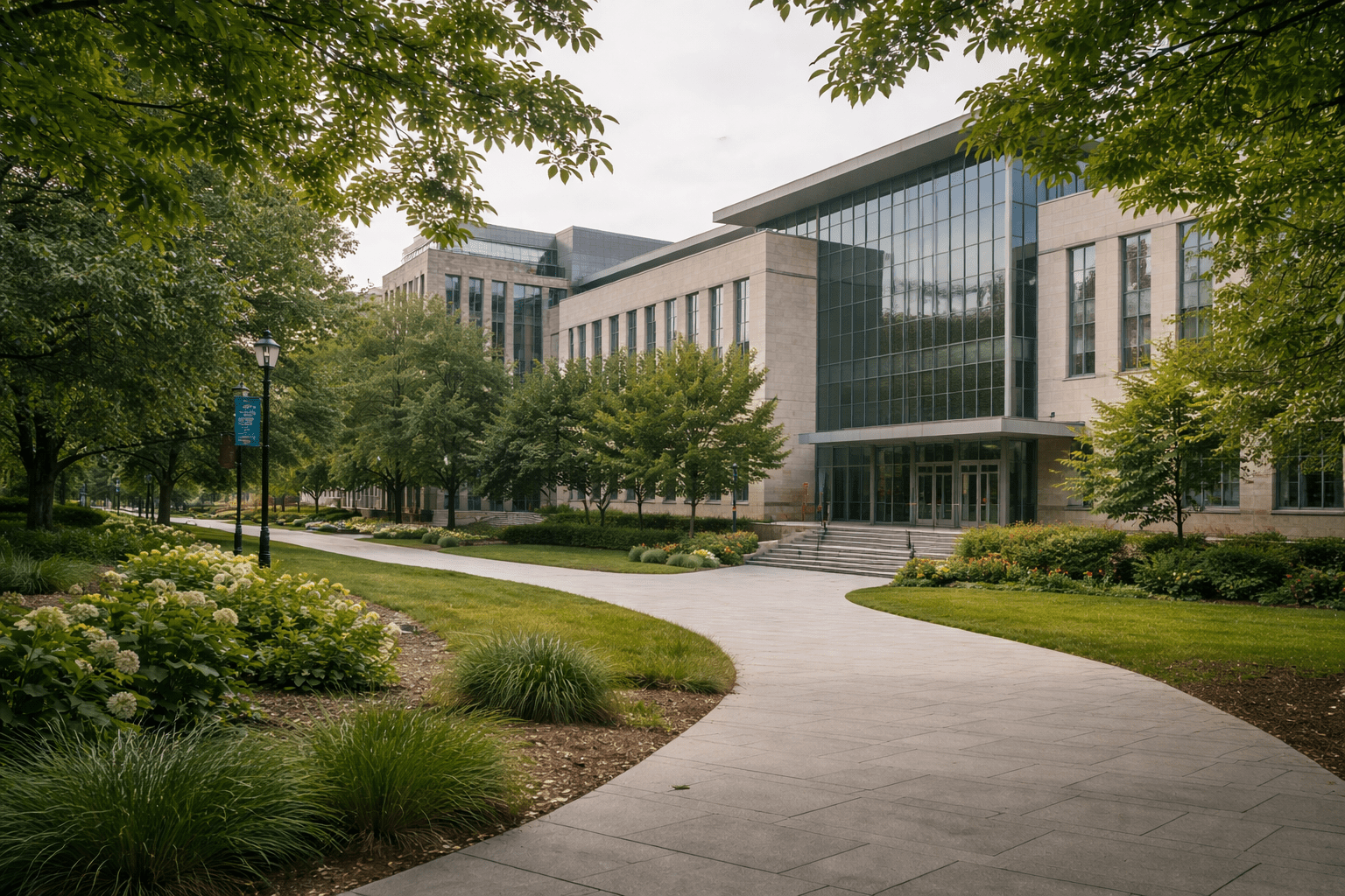 Modern University campus building representing graduate-level academic study