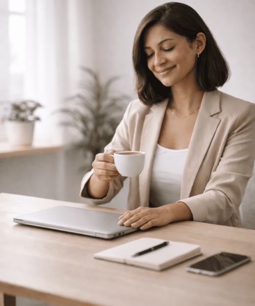Speech therapist seated at a desk with a closed laptop, enjoying a quiet moment with a cup of coffee in a calm professional workspace.